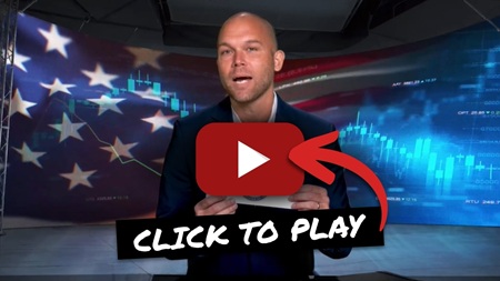 Adam O'Dell shown in a studio with graphics of the American flag and bar charts in the background